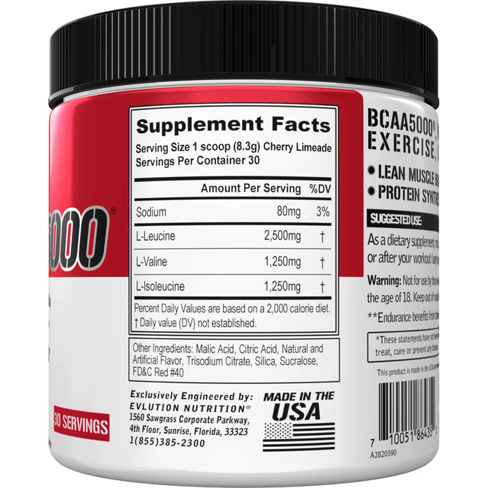 EVL BCAA 5000: Premium Amino Acid Powder for Post & Pre Workout Recovery, 30 srv CHOOSE FLAVOR