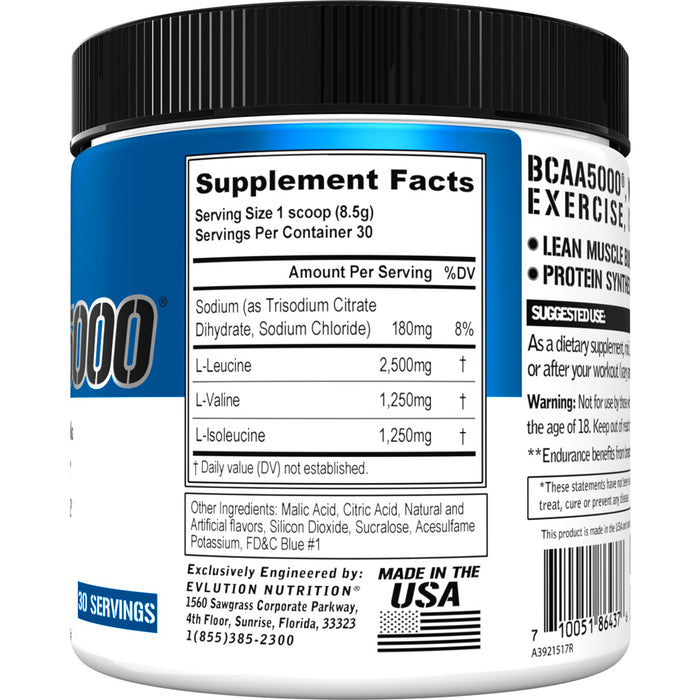 EVL BCAA 5000: Premium Amino Acid Powder for Post & Pre Workout Recovery, 30 srv CHOOSE FLAVOR