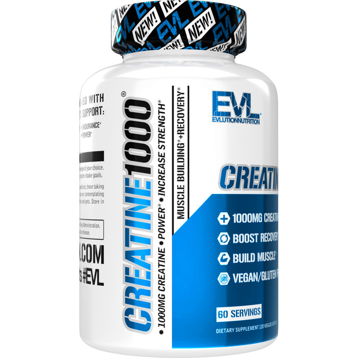 EVL Creatine1000 | 1 Gram of Pure Creatine Monohydrate in Each Serving, Veggie Capsules (60 Servings)