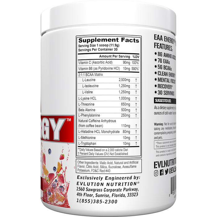 EVL EAA Energy BCAA Clean Energy Muscle Building & Recovery Drink Mix - Choose Flavor 30srv