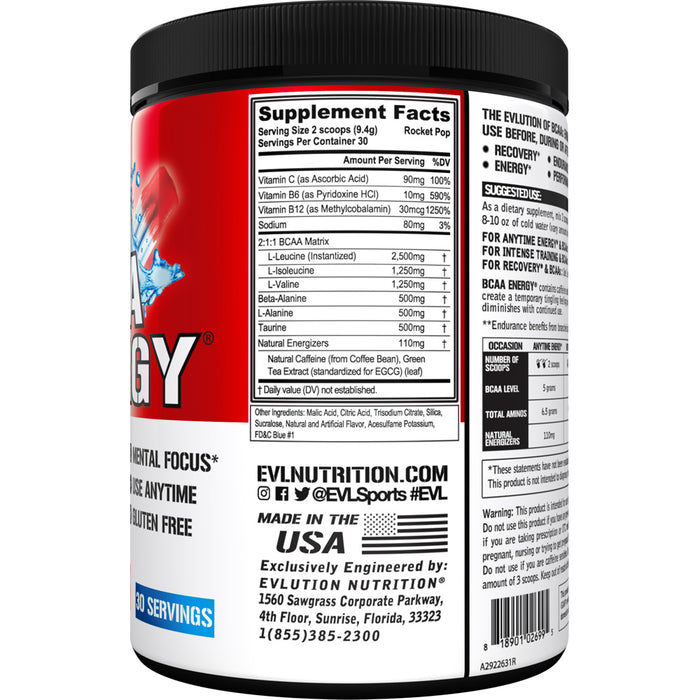 EVL BCAA Energy 30srv CHOOSE FLAVOR | Most Powerful Amino Acid Pre-Workout Powder for Energy, Recovery & Focus