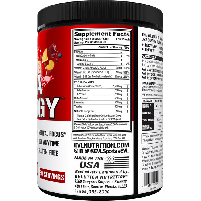 EVL BCAA Energy 30srv CHOOSE FLAVOR | Most Powerful Amino Acid Pre-Workout Powder for Energy, Recovery & Focus