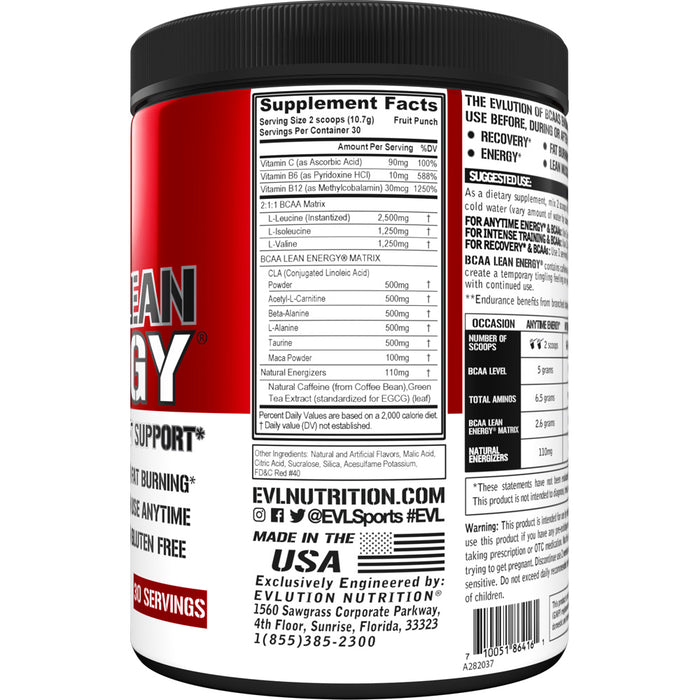 EVL BCAA Lean Energy 30srv Choose Flavor: Fat Burner Support BCAAs PreWorkout Recovery Drink Mix