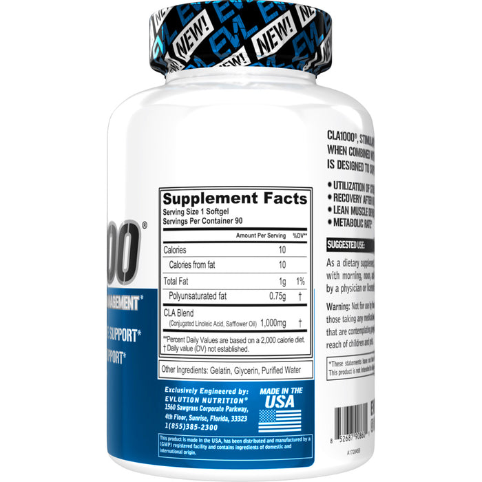 EVL CLA 1000: Stim-Free Weight Management/Fat Burner Lean Muscle CHOOSE SIZE