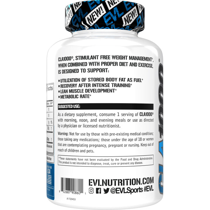 EVL CLA 1000: Stim-Free Weight Management/Fat Burner Lean Muscle CHOOSE SIZE