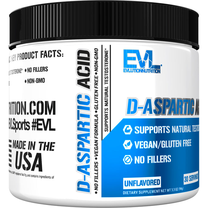 EVL D-Aspartic Acid Unflavored 30srv: Vegan Gluten-Free Testosterone Support Powder For Men