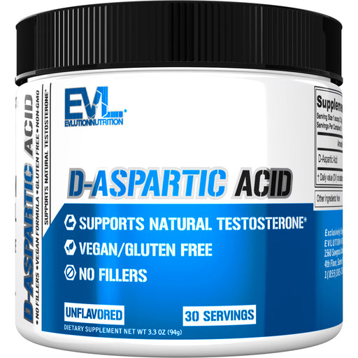 EVL D-Aspartic Acid Unflavored 30srv: Vegan Gluten-Free Testosterone Support Powder For Men