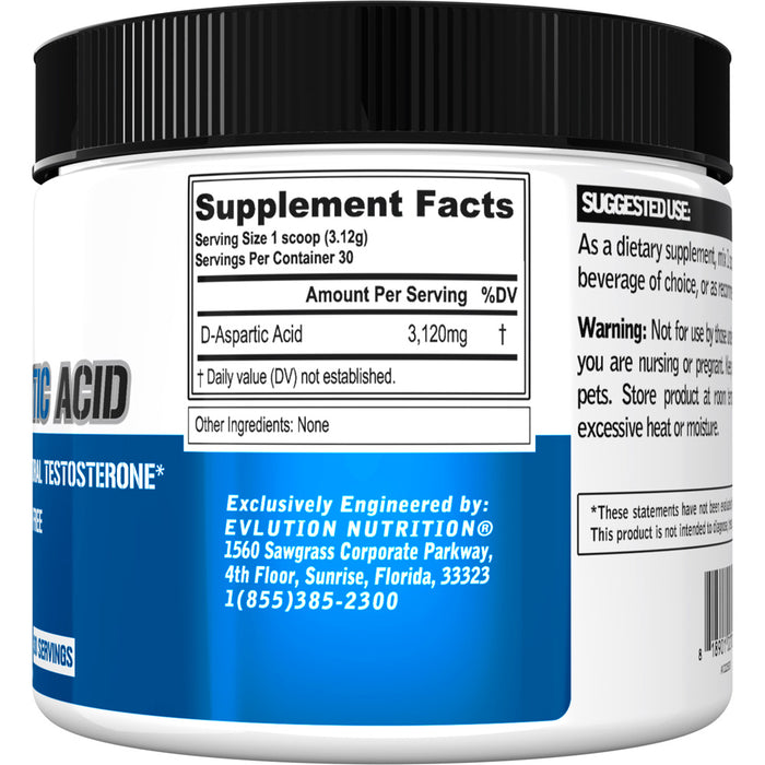 EVL D-Aspartic Acid Unflavored 30srv: Vegan Gluten-Free Testosterone Support Powder For Men