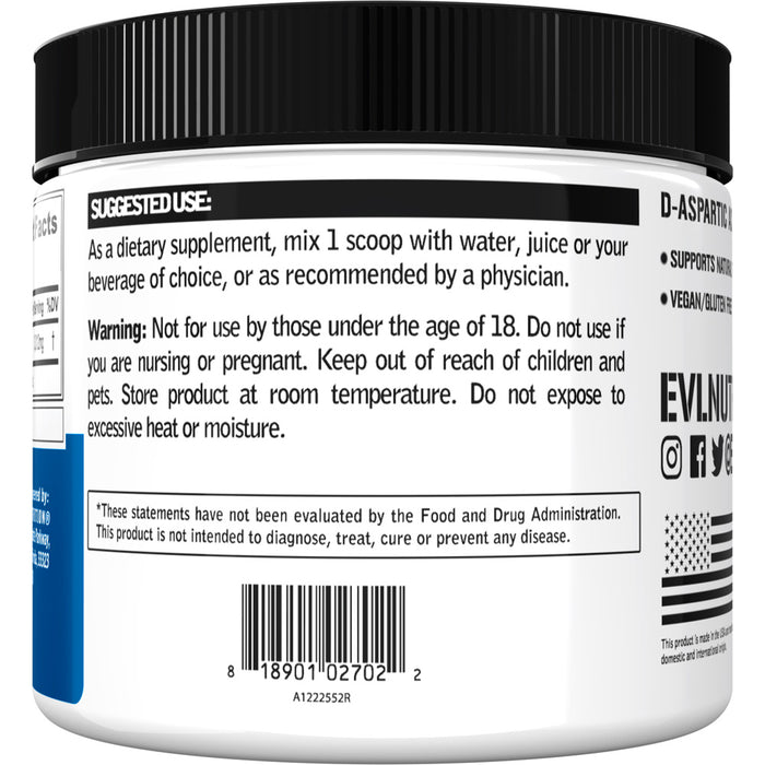 EVL D-Aspartic Acid Unflavored 30srv: Vegan Gluten-Free Testosterone Support Powder For Men