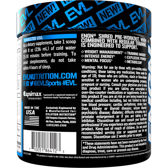 EVL ENGN Shred Hardcore Fat Burning Pre Workout Energy Drink Mix | Choose Flavor