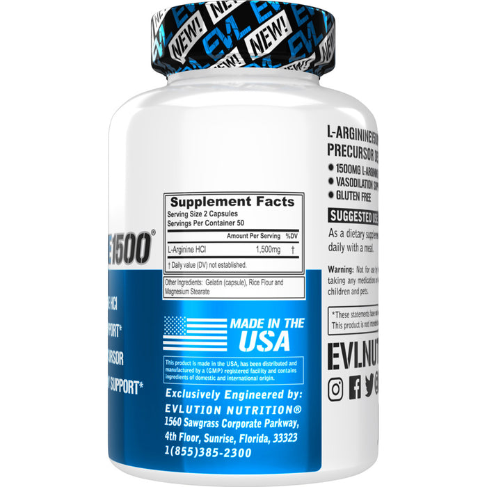 EVL 1500mg L-Arginine HCL 100ct: Nitric Oxide Precursor & Vasodilation Support