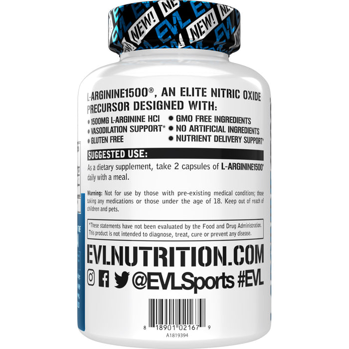 EVL 1500mg L-Arginine HCL 100ct: Nitric Oxide Precursor & Vasodilation Support