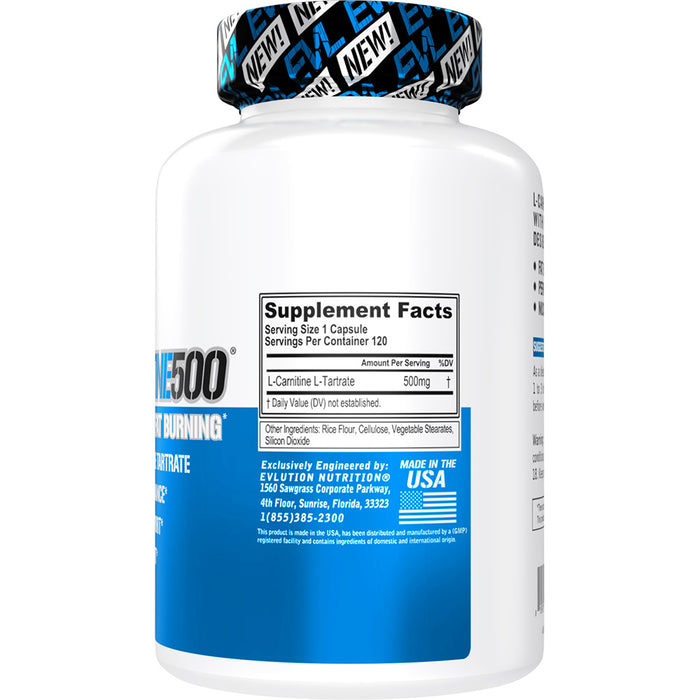 EVL L-Carnitine500 120ct: Stim-Free Fat Burner Enhance Performance, Recovery