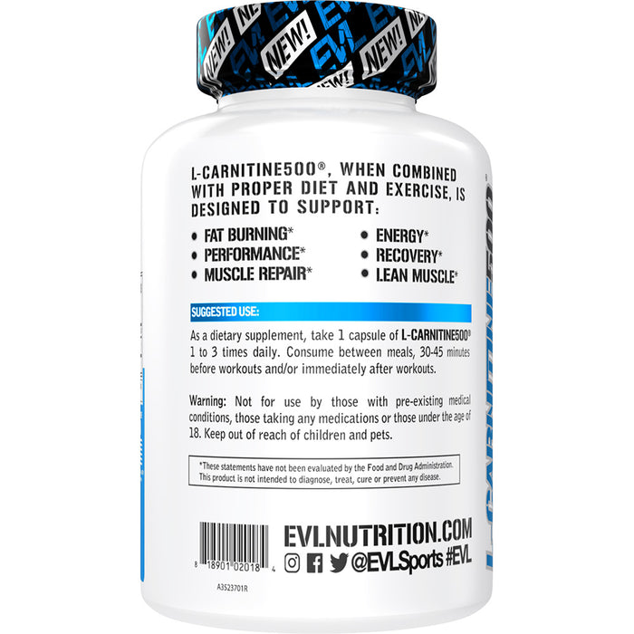 EVL L-Carnitine500 120ct: Stim-Free Fat Burner Enhance Performance, Recovery